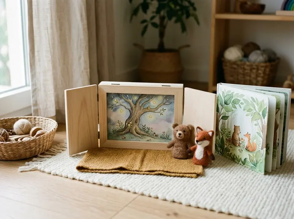 Supports de narration : kamishibaï en bois, album jeunesse illustré et petites marionnettes d’histoire.